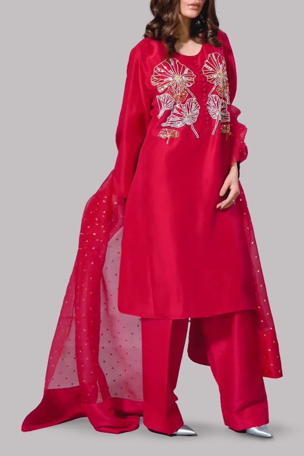 Tango Red Oversized Embellished Raw Silk Tunic Set - Image 2