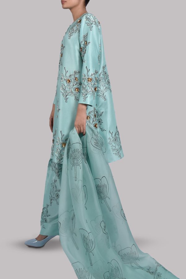 Ice Green Block Print Embellished Raw Silk Tunic Set - Image 2