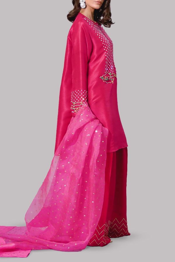 Bright Rose Embellished Raw Silk Tunic Set - Image 2
