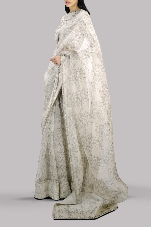 White Swan Block Printed and Embellished Organza Sari - Image 2