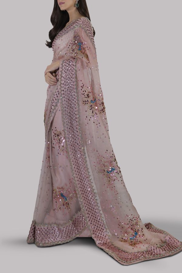 Peach Blush Embellished Organza Sari - Image 2