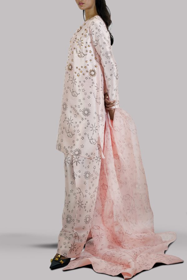 Peach Blush Block Printed & Embellished Raw Silk Set - Image 2