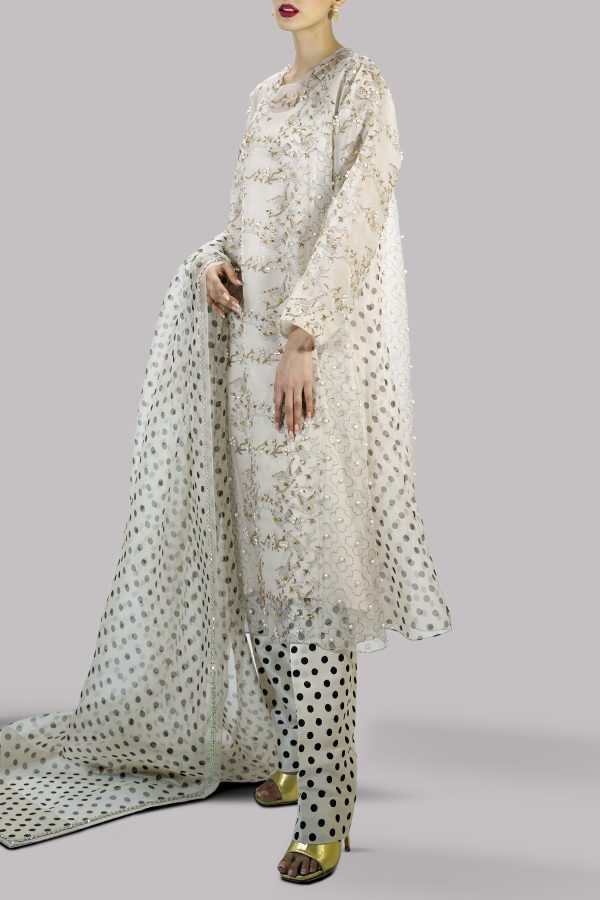 Egret Block Printed & Embellished Organza Set - Image 2