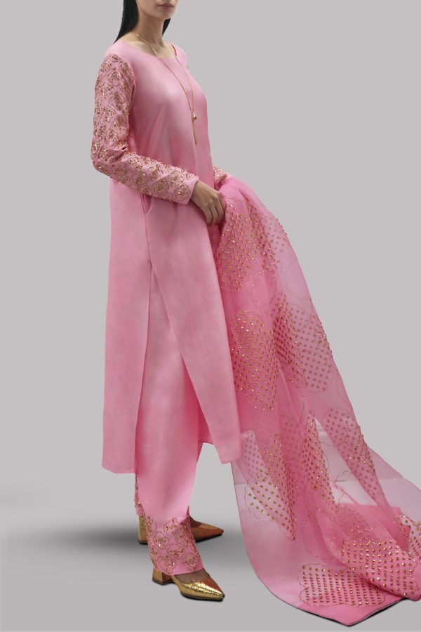 Candy Pink Embellished Raw Silk Set - Image 2