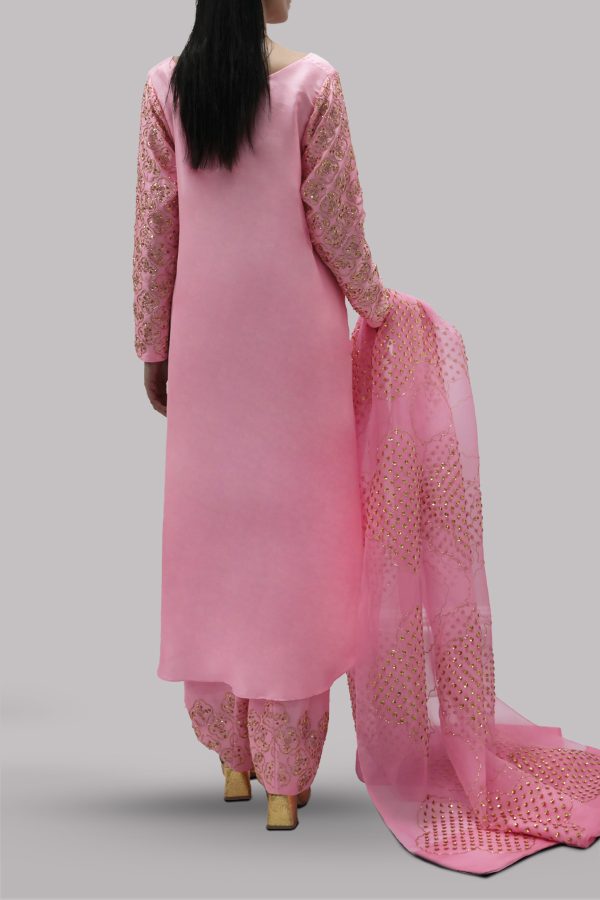 Candy Pink Embellished Raw Silk Set - Image 3