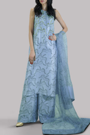 Forever Blue Block Printed & Embellished Raw Silk Set
