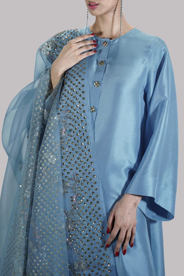 Stone Blue Embellished Raw Silk Set - Image 4