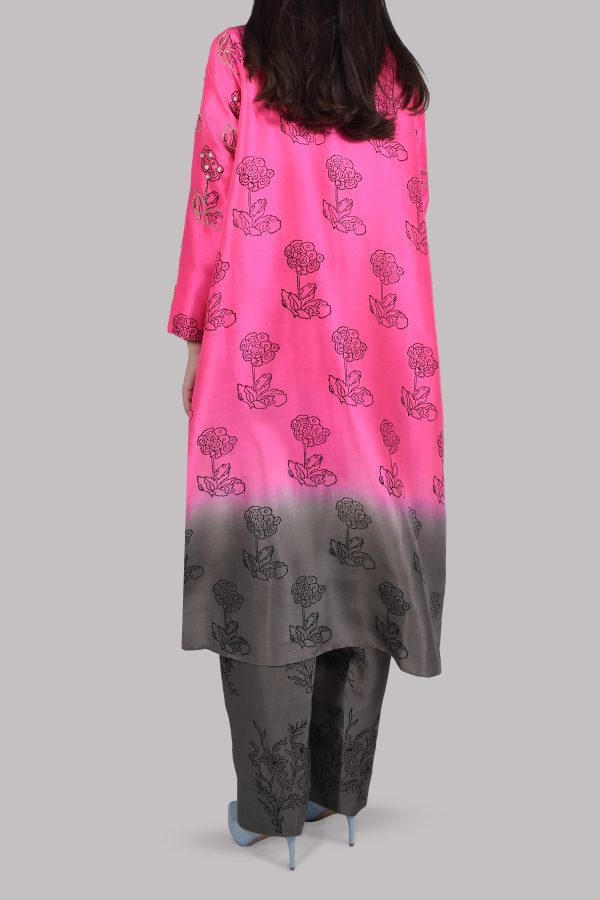 Azalea Pink Ombre Block Print Embellished Raw Silk Tunic Set - Image 3
