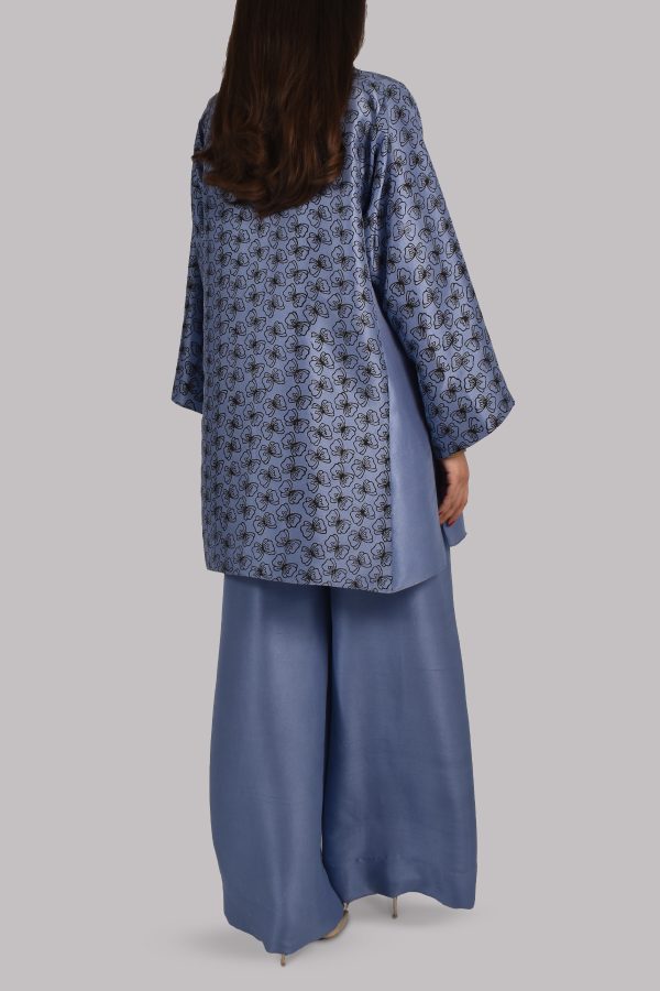 Colony Blue Oversized Block Printed Raw Silk Tunic Set - Image 3