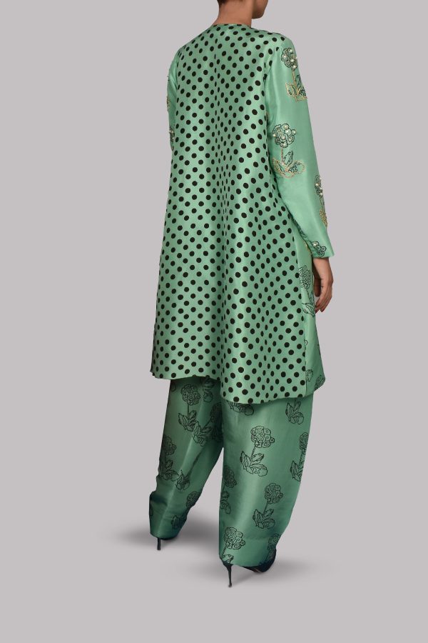 Neptune Green Block Print Embellished Raw Silk Tunic Set - Image 3