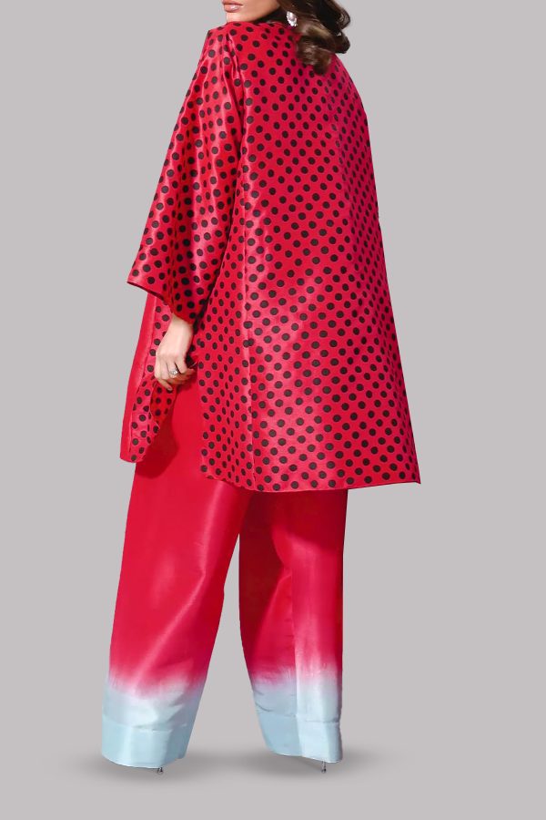 Lollipop Red Oversized Printed Embellished Raw Silk Set - Image 3