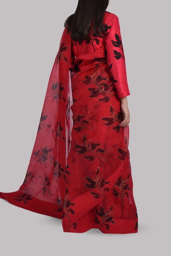 Tango Red Block Printed Organza Sari - Image 3