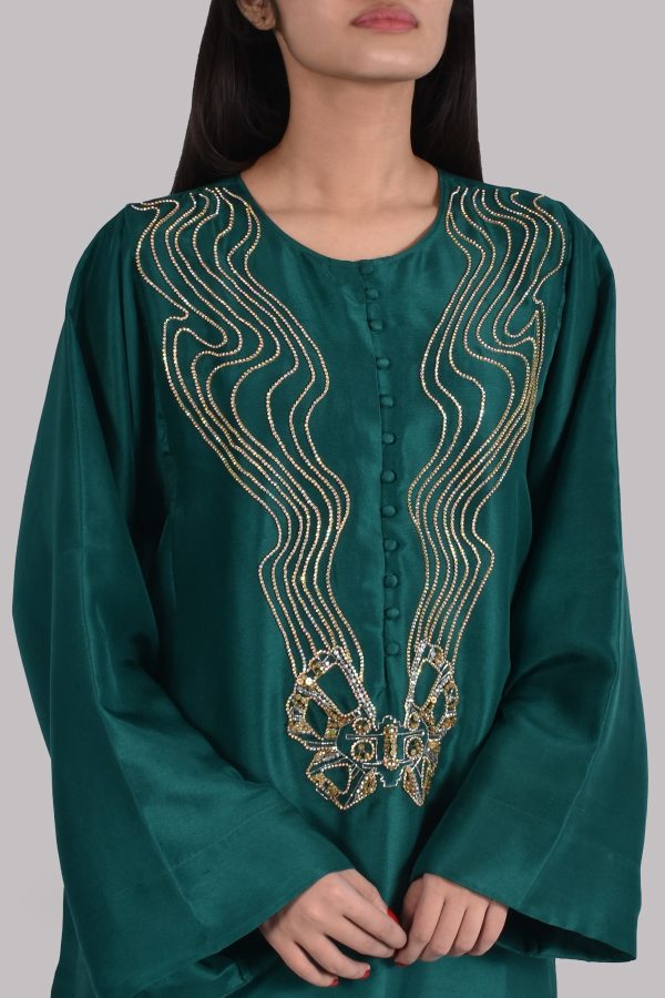 Bayberry Green Oversized Embellished Raw Silk Dress Set - Image 3