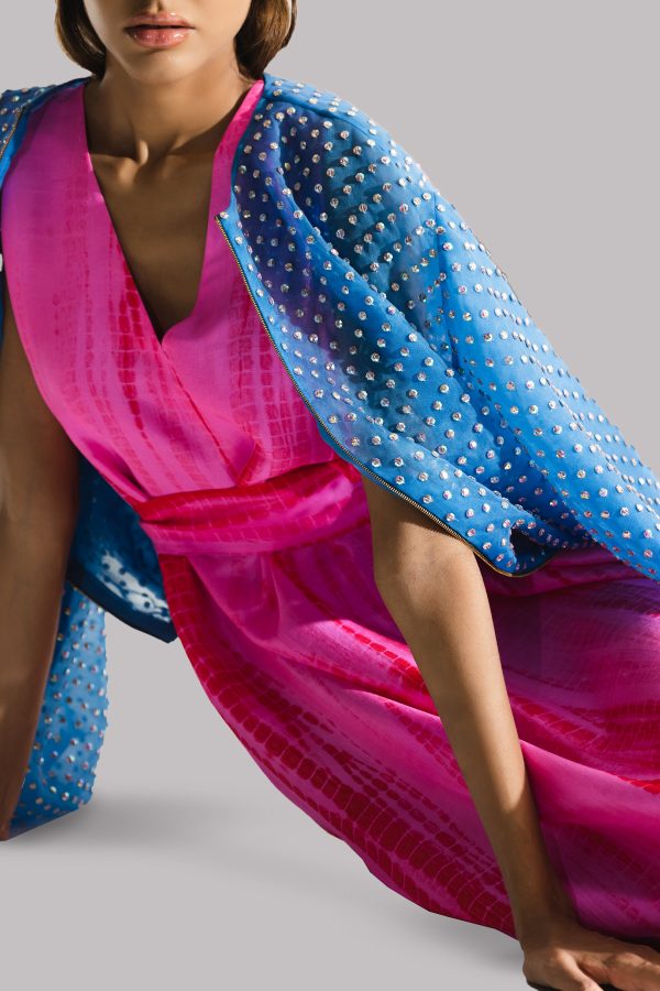 Diva Pink and Tango Red Tie-Dye Raw Silk Maxi Dress - Image 4
