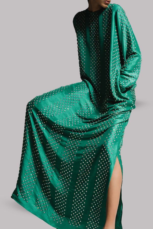 Emerald Green Crystal Embellished Silk Maxi Dress - Image 2