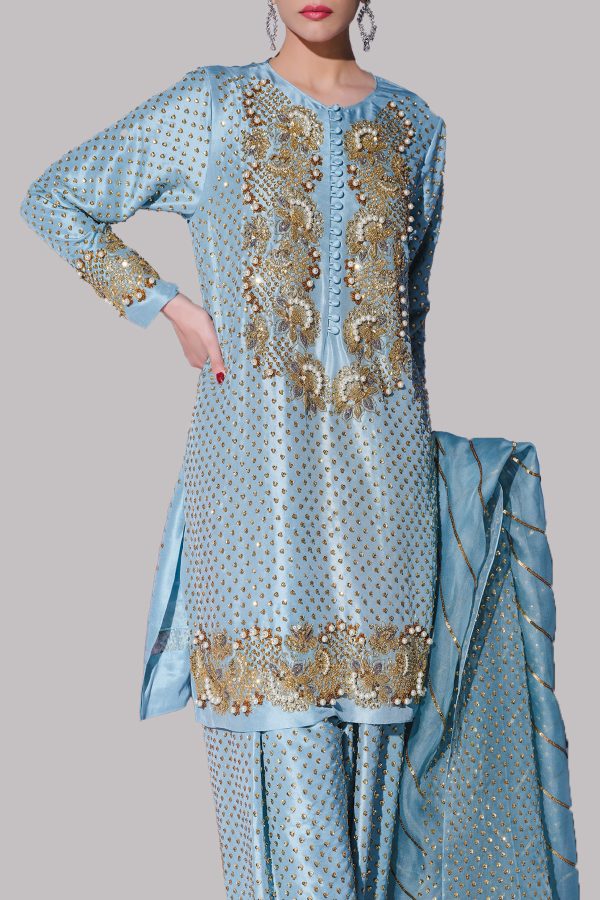Aqua Embellished Raw Silk Set - Image 3