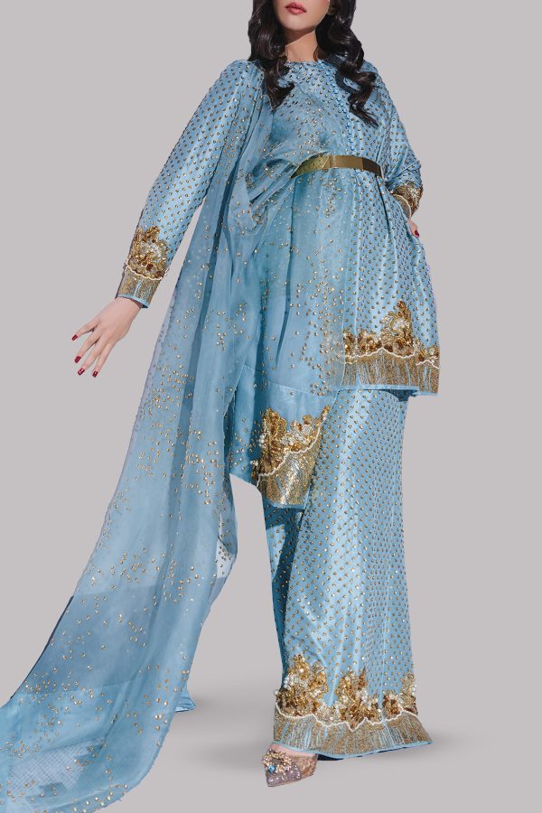Aqua Embellished Raw Silk Set - Image 2