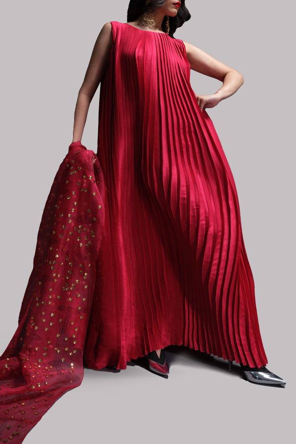 Tango Red Pleated Raw Silk Maxi with Embellished Dupatta - Image 3