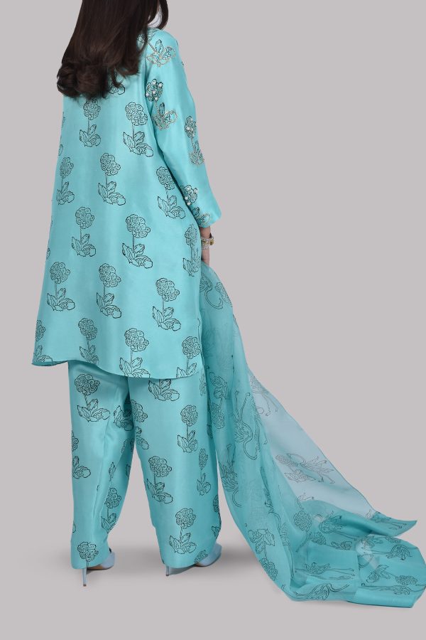 Blue Radiance Block Print Embellished Raw Silk Tunic Set - Image 3