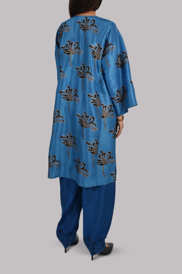 Mediterranean Blue Oversized Block Printed Raw Silk Tunic Set - Image 3