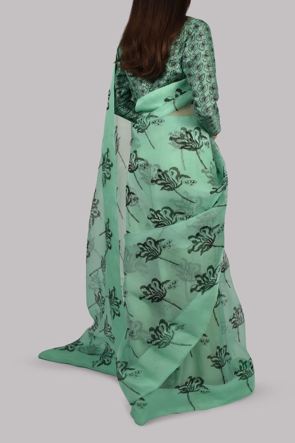 Neptune Green Block Printed Organza Sari - Image 3