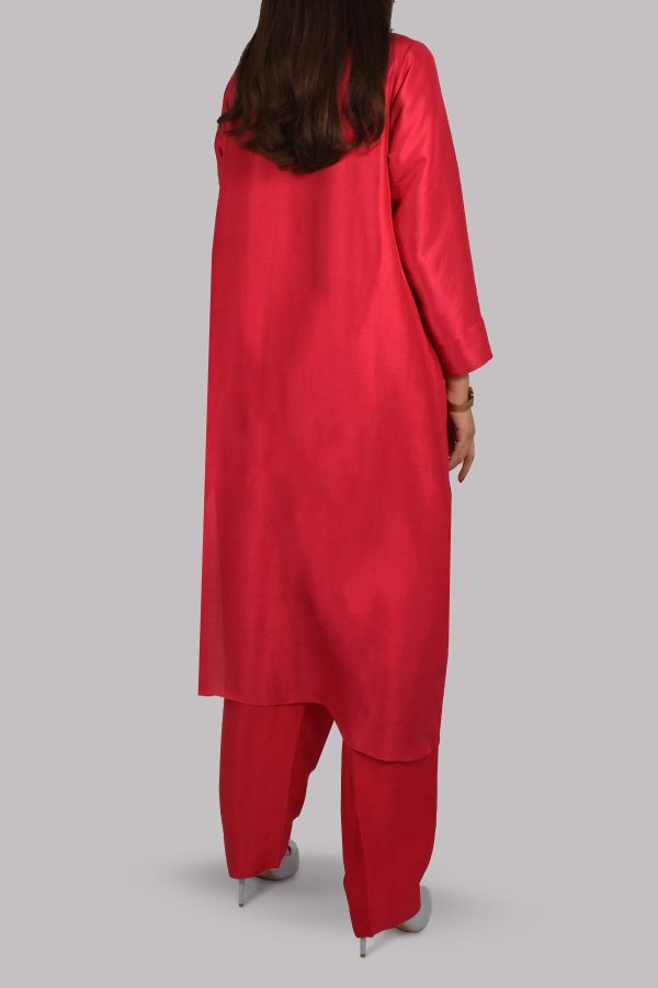 Bright Rose Embellished Raw Silk Dress Set - Image 3