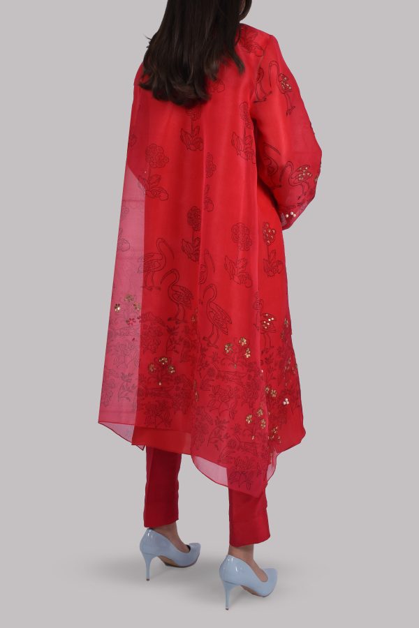 Lollipop Red Organza Block Printed Embellished Tunic Set - Image 3