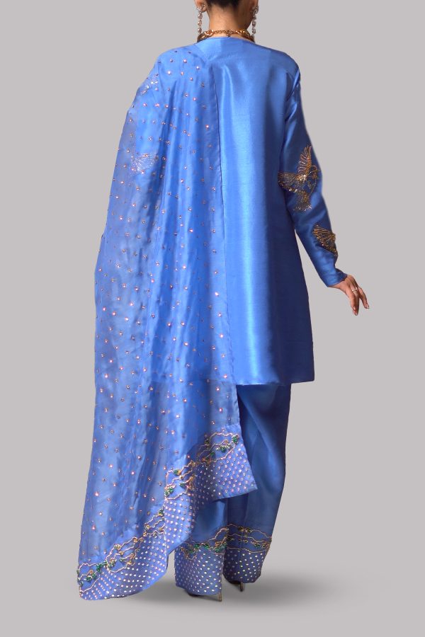 Mediterranean Blue Embellished Raw Silk Set - Image 3