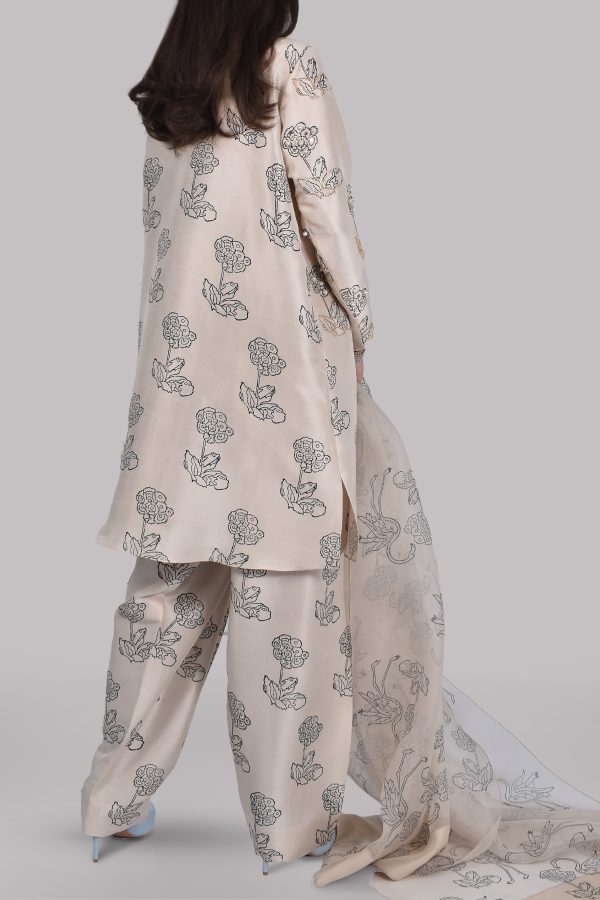 White Swan Block Print Embellished Raw Silk Tunic Set - Image 3