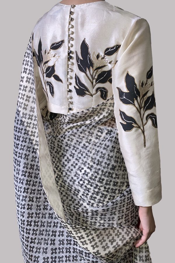 White Swan Block Printed Organza Sari - Image 3