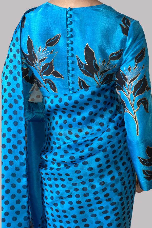 Algiers Blue Block Printed Organza Sari - Image 3