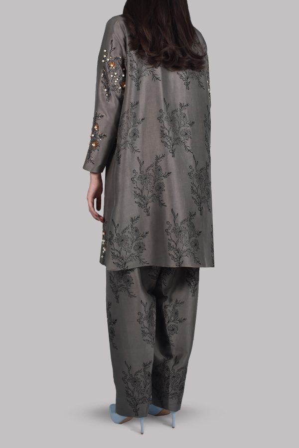 Steeple Grey Block Print Embellished Raw Silk Tunic Set - Image 3