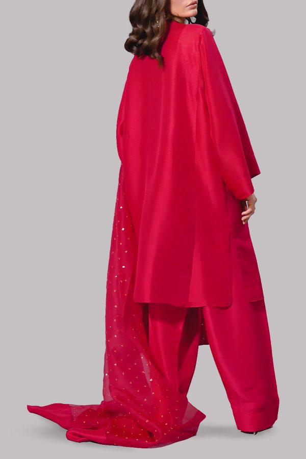 Tango Red Oversized Embellished Raw Silk Tunic Set - Image 3