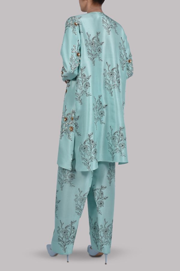 Ice Green Block Print Embellished Raw Silk Tunic Set - Image 3