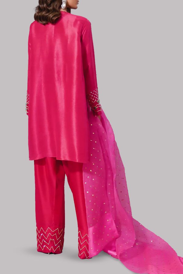Bright Rose Embellished Raw Silk Tunic Set - Image 3