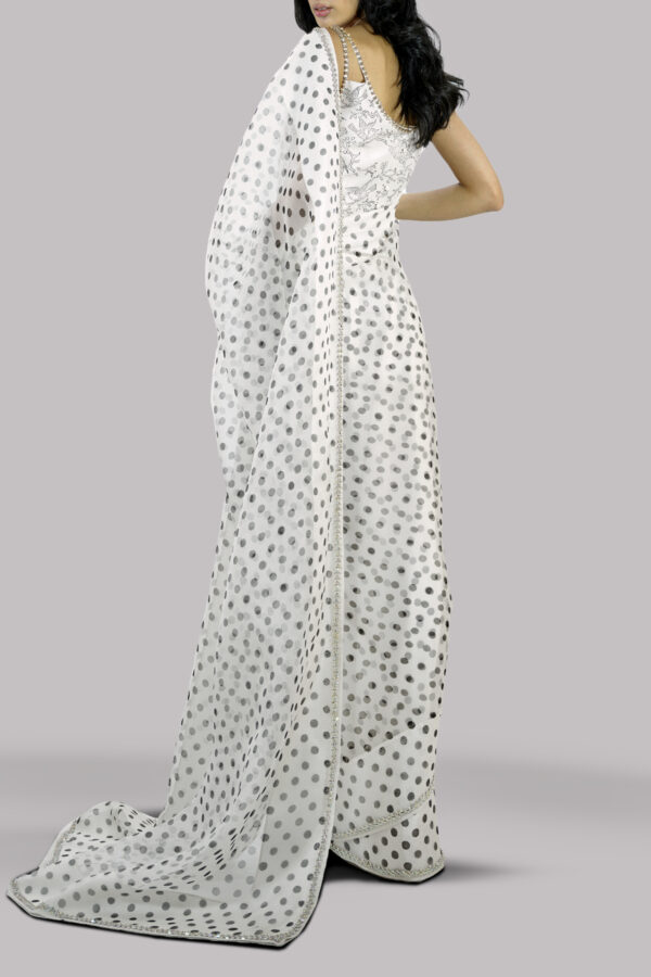 Egret Block Printed and Embellished Organza Sari - Image 3