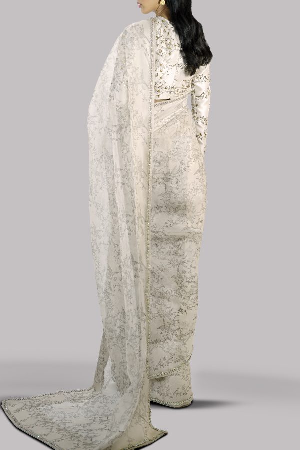 White Swan Block Printed and Embellished Organza Sari - Image 3