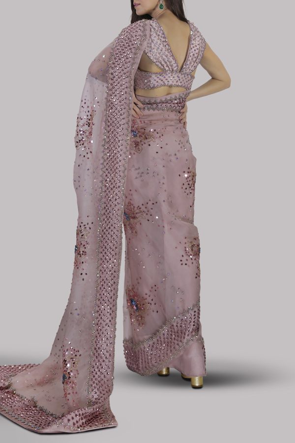 Peach Blush Embellished Organza Sari - Image 3