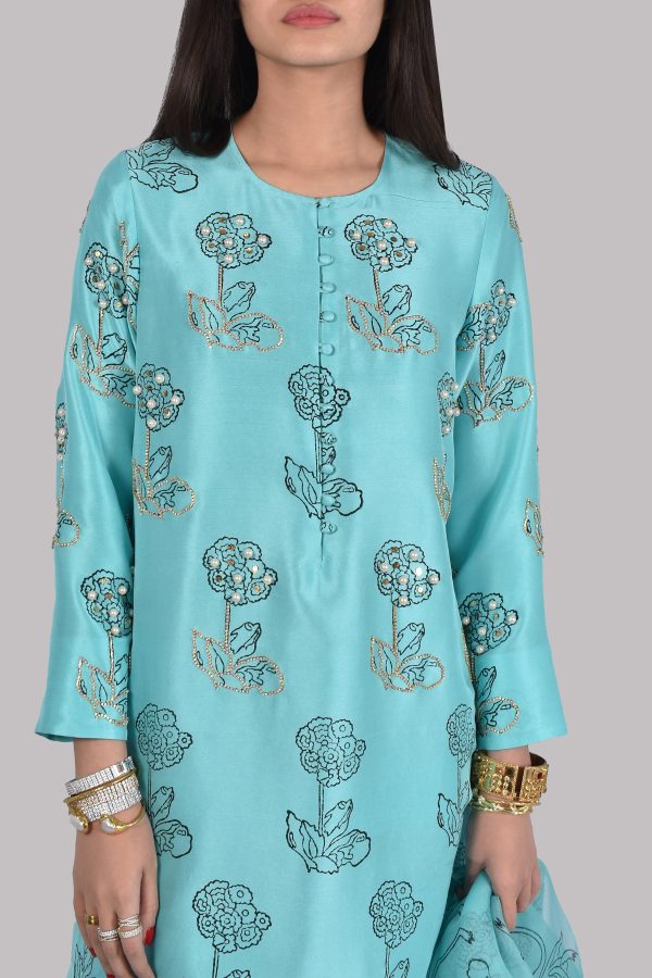 Blue Radiance Block Print Embellished Raw Silk Tunic Set - Image 4