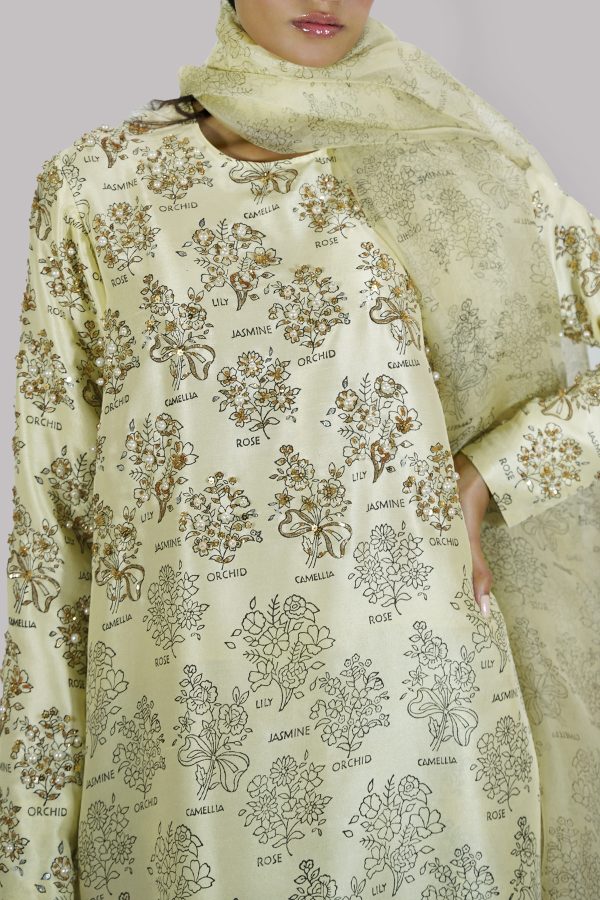 Verbena Yellow Block Printed & Embellished Raw Silk Set - Image 4