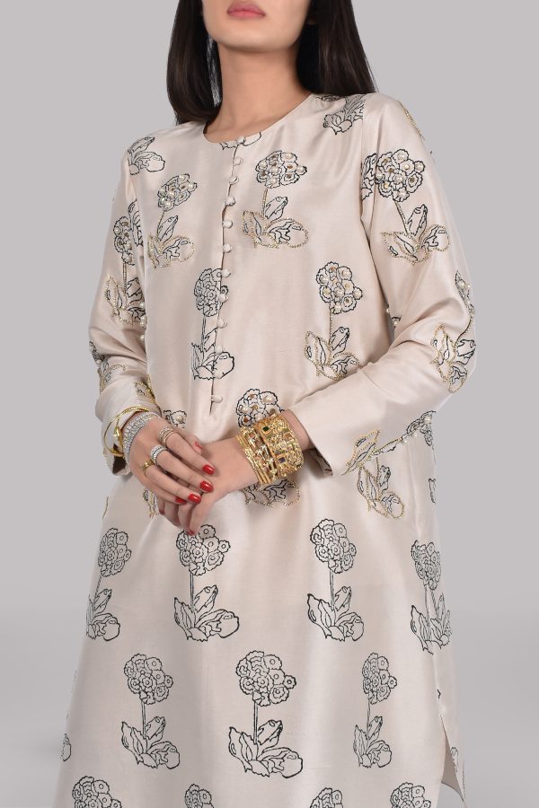 White Swan Block Print Embellished Raw Silk Tunic Set - Image 4