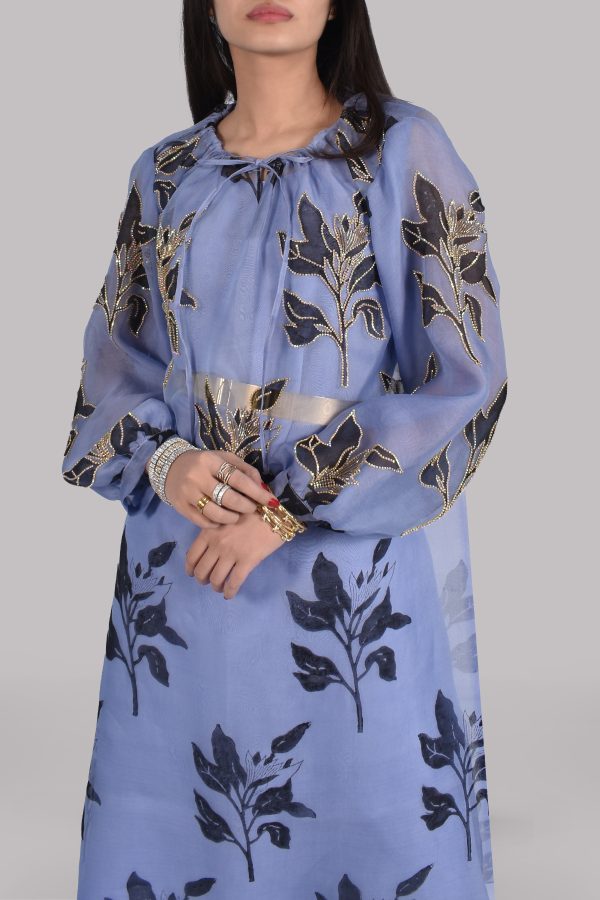 Forever Blue Organza Block Printed Embellished Tunic Set - Image 4