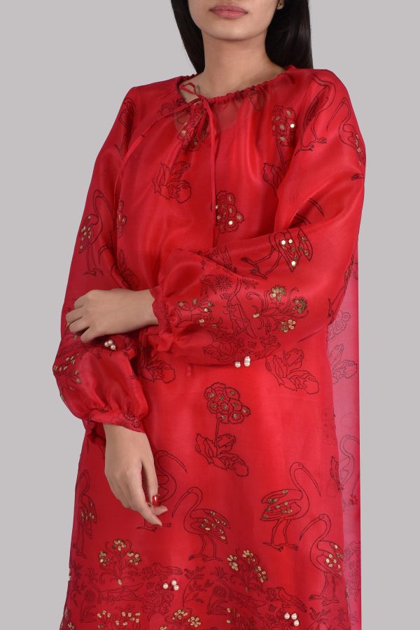 Lollipop Red Organza Block Printed Embellished Tunic Set - Image 4