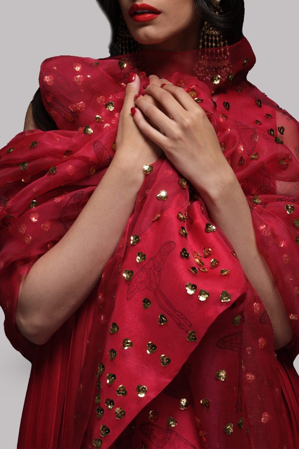Tango Red Pleated Raw Silk Maxi with Embellished Dupatta - Image 4