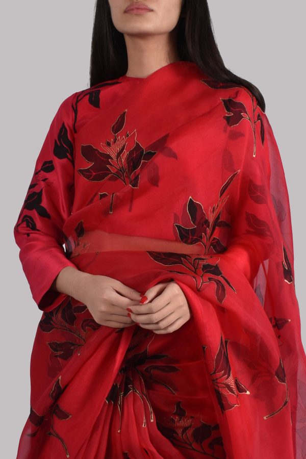 Tango Red Block Printed Organza Sari - Image 4