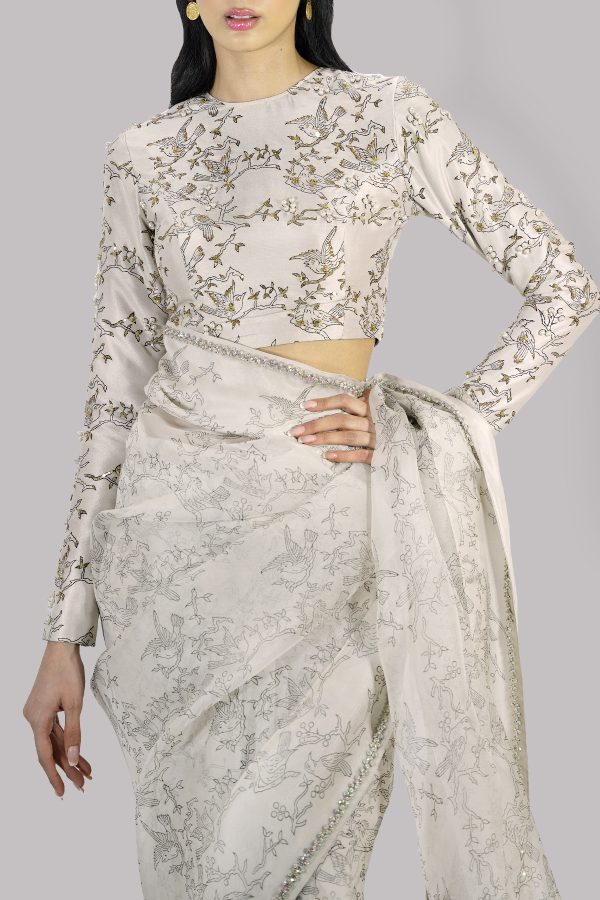 White Swan Block Printed and Embellished Organza Sari - Image 4