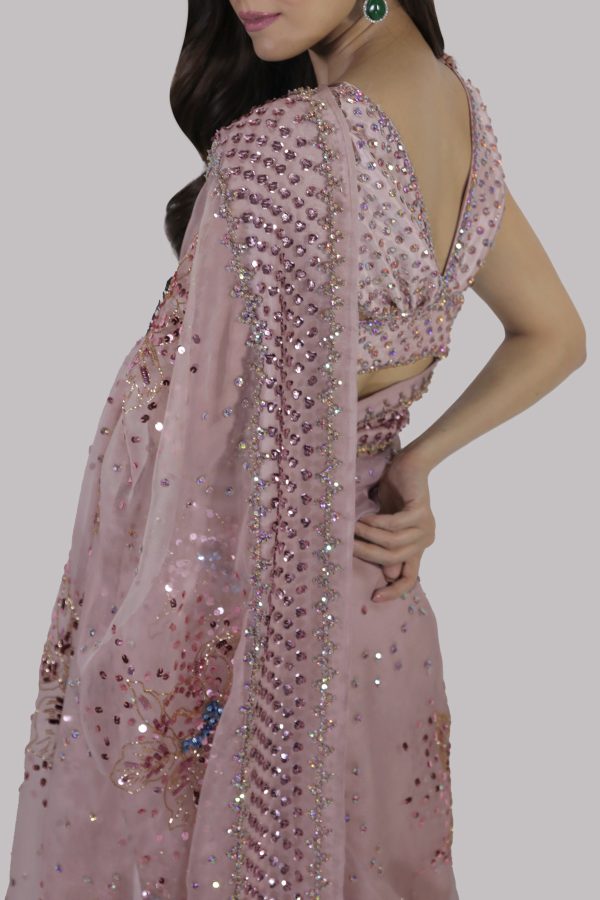 Peach Blush Embellished Organza Sari - Image 4