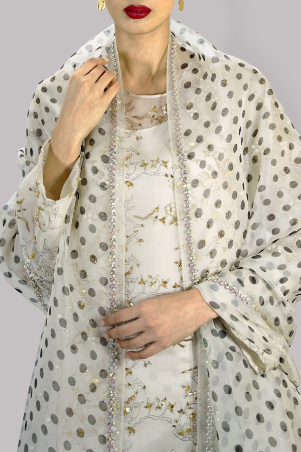 Egret Block Printed & Embellished Organza Set - Image 4