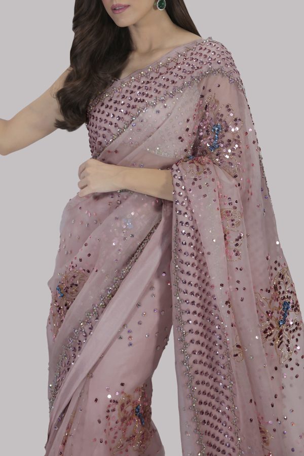 Peach Blush Embellished Organza Sari - Image 5