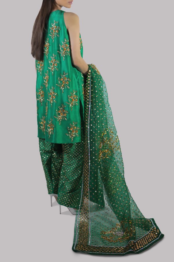Emerald Green Embellished Raw Silk Set - Image 2